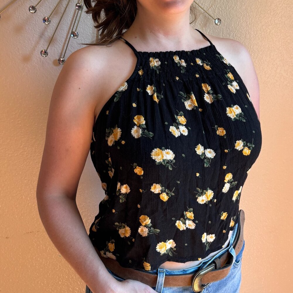 Hollister Black/Yellow Flowers Spaghetti Strap Blouse